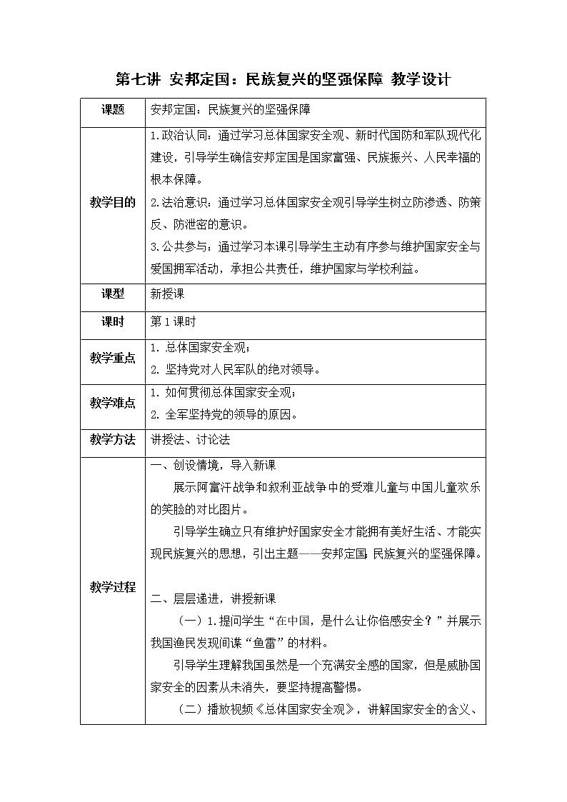 第7讲 安国定邦：民族复兴的坚强保障 教学设计-《习近平新时代中国特色社会主义思想学生读本》（高中）第1页