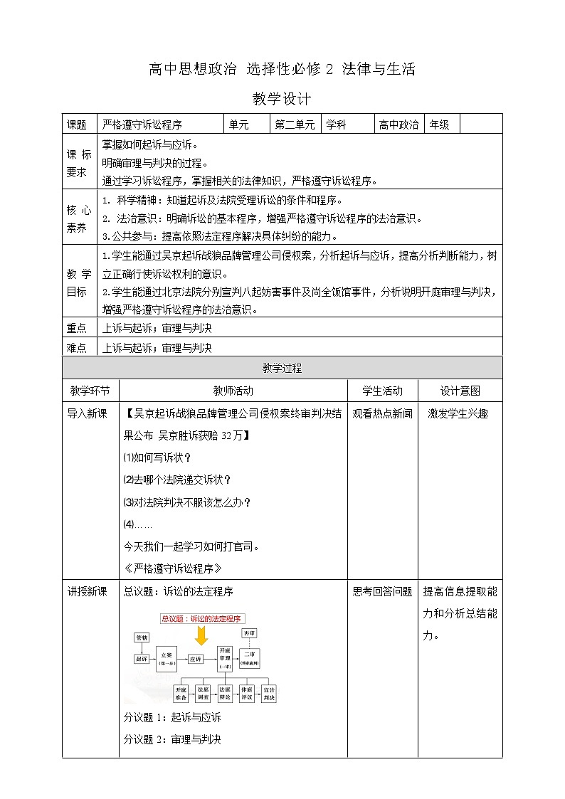 高中政治选修二  10.2  严格遵守诉讼程序 教案第1页