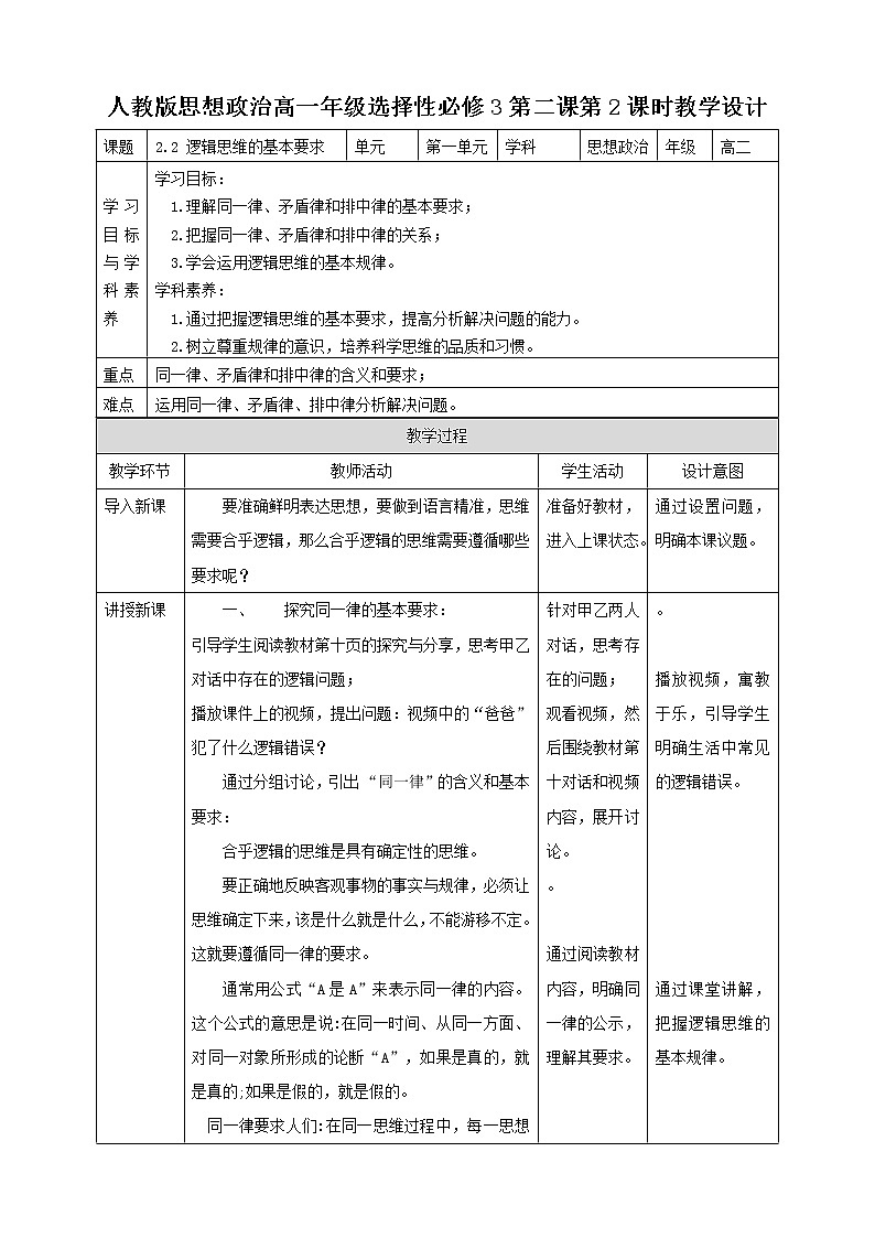 高中政治选修三  2.2逻辑思维的基本要求 教学设计第1页