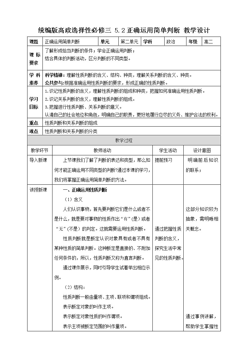 高中政治选修三  5.2正确运用简单判断 教学设计第1页