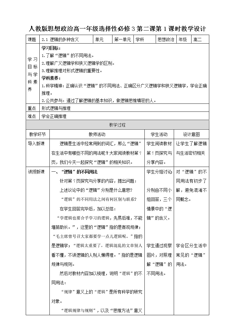 高中政治选修三  2.1 逻辑的多种含义教学设计第1页