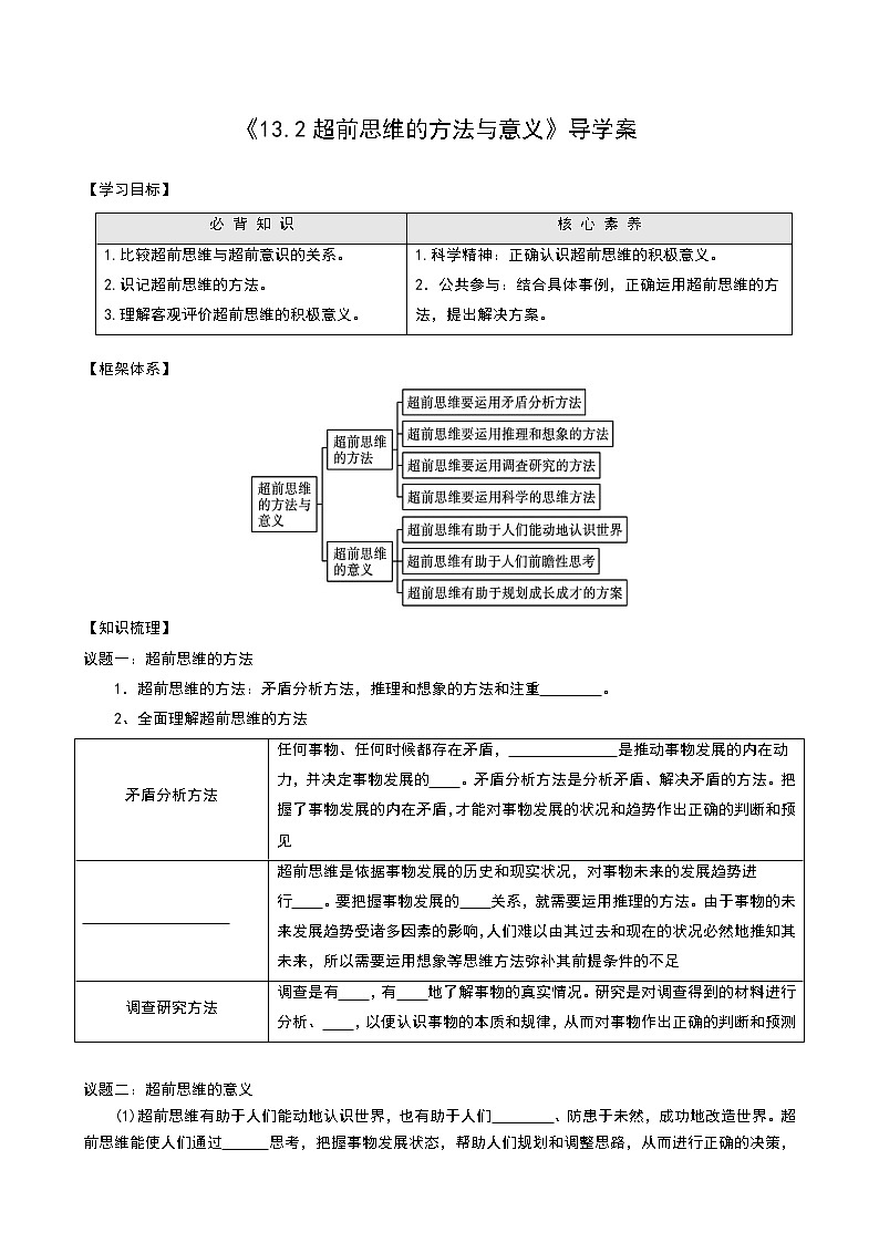高中政治选修三  13.2 超前思维的方法与意义教学设计第1页