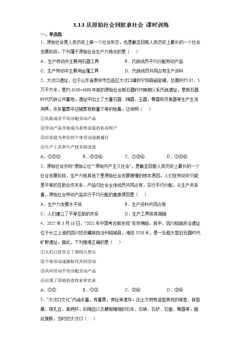 2022年人教统编版必修1  第一课1.1.1 从原始社会到奴隶社会 课件+教案+练习含解析卷01