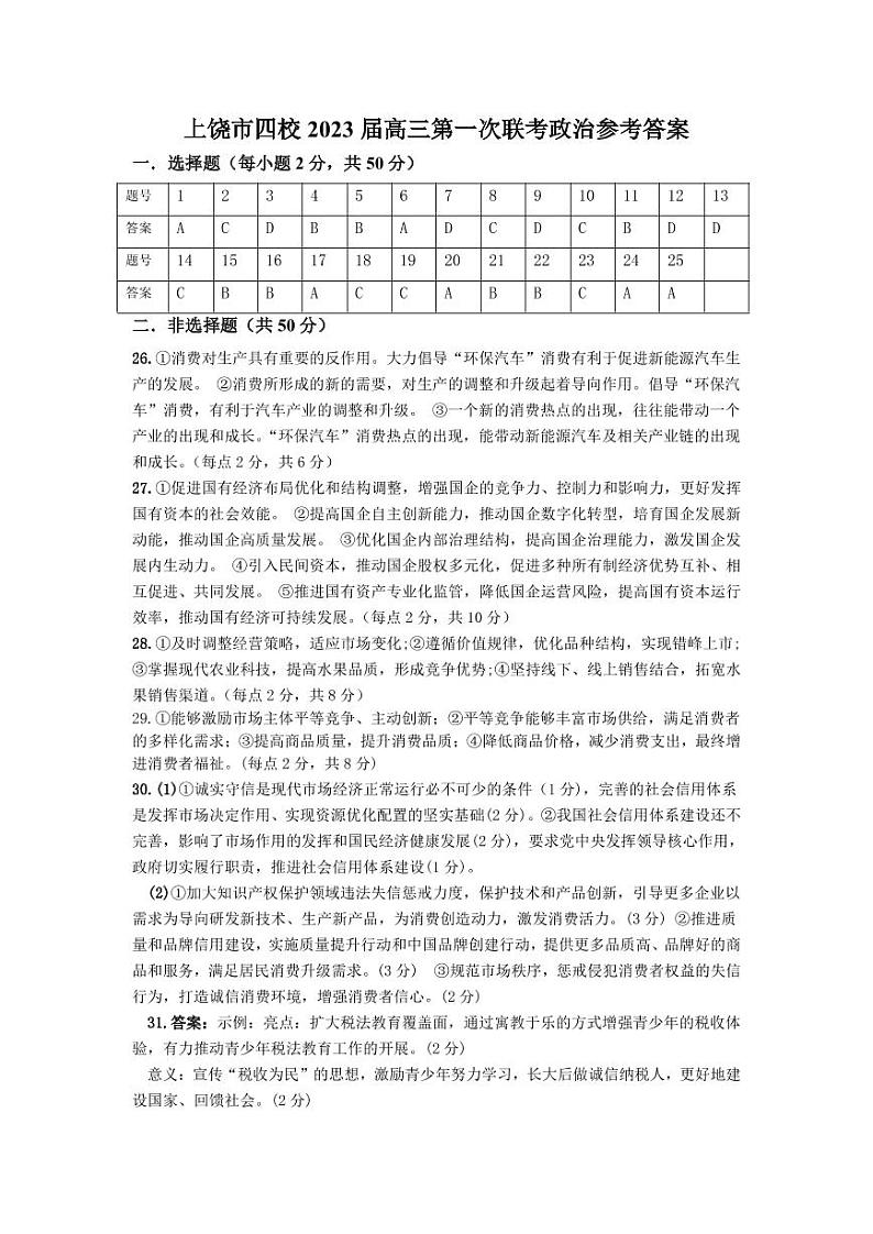 江西省上饶市、景德镇市六校高三上学期10月联考政治答案第1页