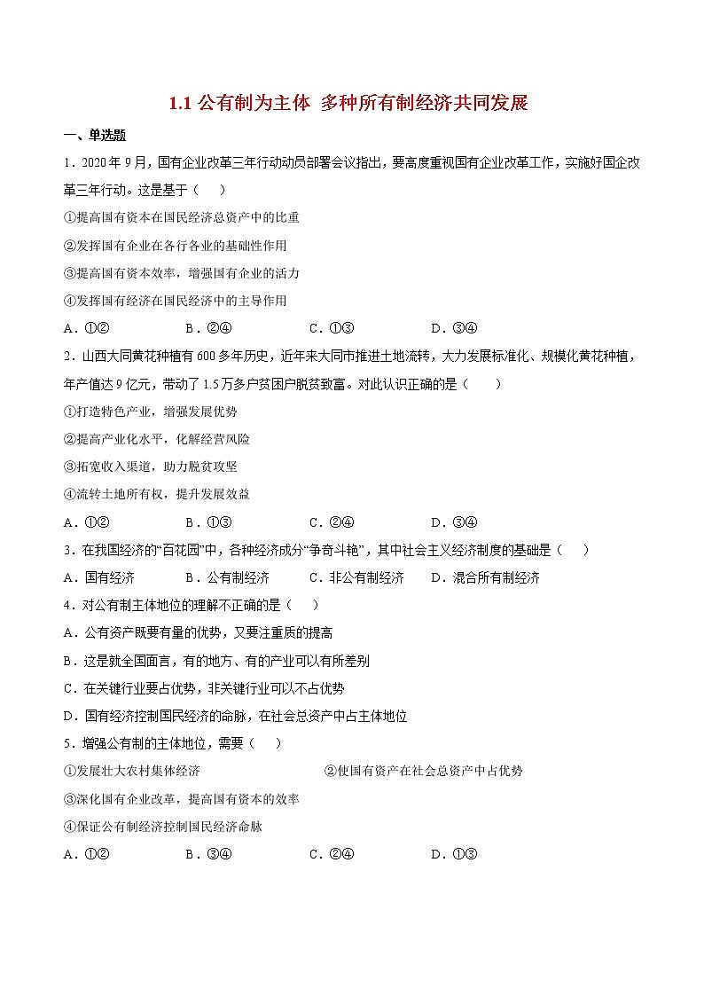 1.1公有制为主体 多种所有制经济共同发展 练习含解析卷第1页