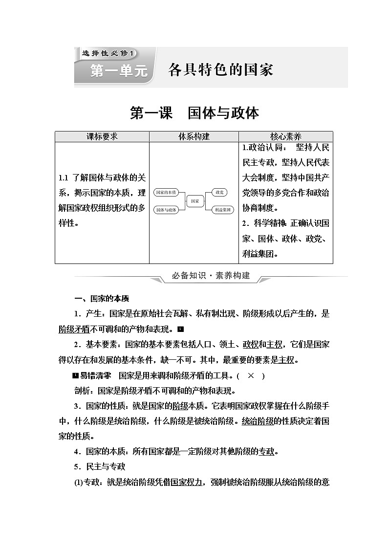 高考思想政治一轮总复习选择性必修1第1单元第1课国体与政体学案第1页