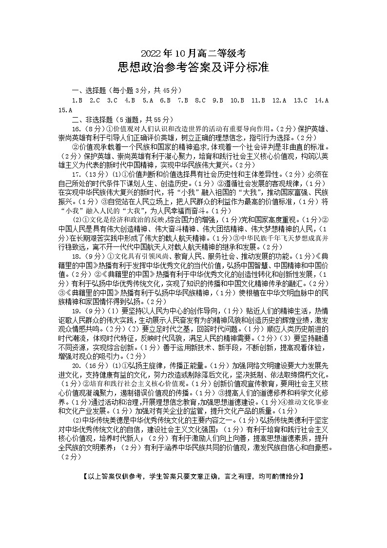 2022年10月高二等级考思想政治参考答案及评分标准第1页