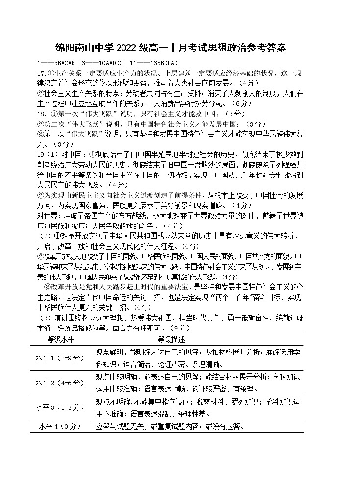 2023绵阳南山中学高一上学期10月月考试题政治含答案01
