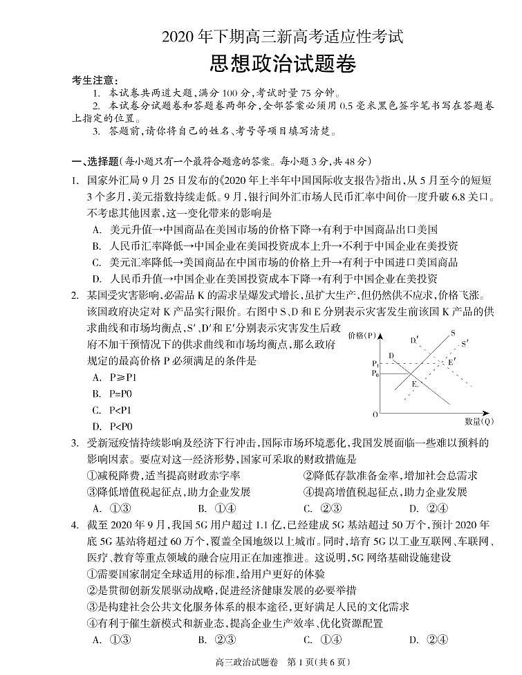 2021届湖南省邵阳市新邵县高三新高考适应性考试政治试题第1页