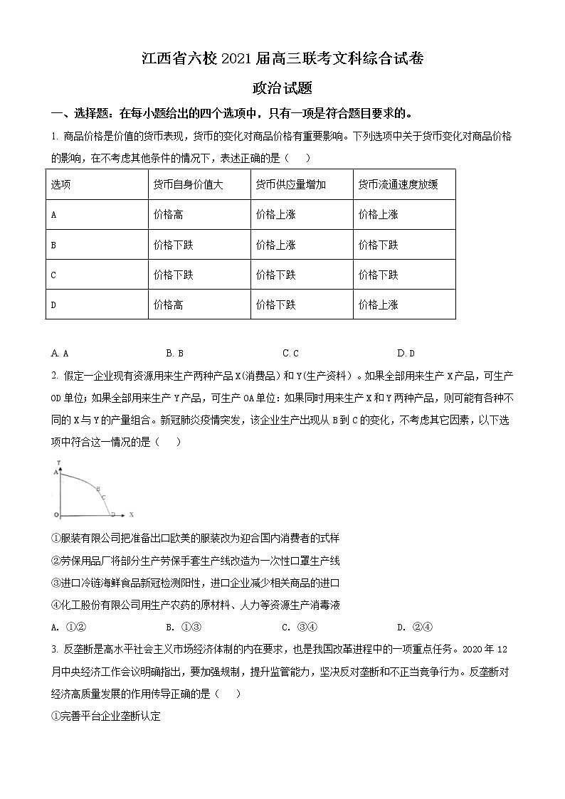 2021江西省六校高三下学期3月联考文科综合政治试题含解析第1页