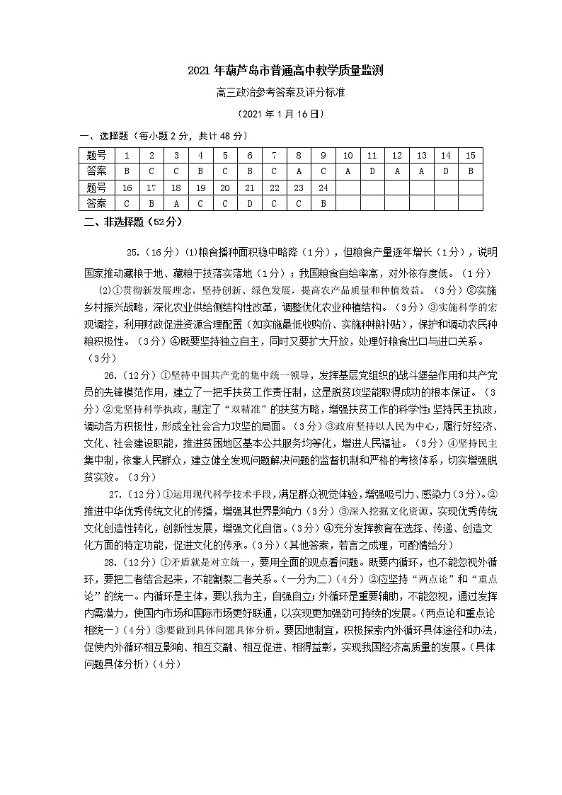 2021葫芦岛高三上学期期末考试政治试题PDF版含答案01
