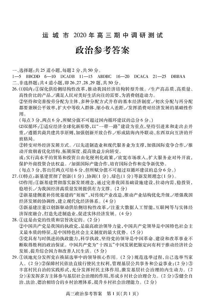 2021运城高三上学期期中政治试题扫描版含答案01