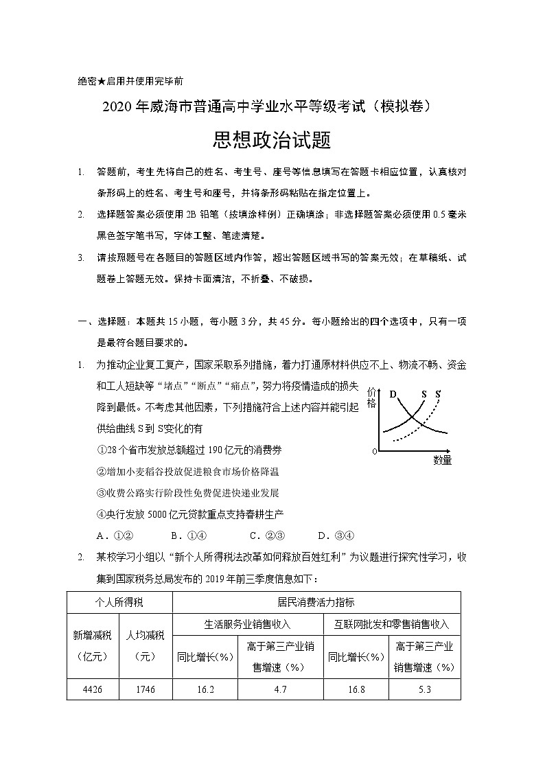 2020威海高三年级高考模拟考（二模）政治试题含答案第1页