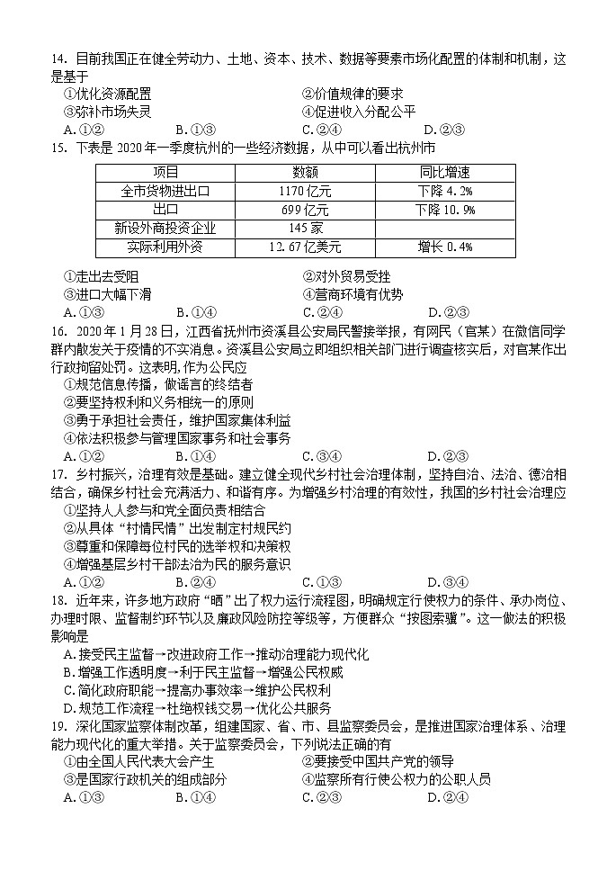 2020浙江省“山水联盟”高三高考模拟考试政治试题含答案02