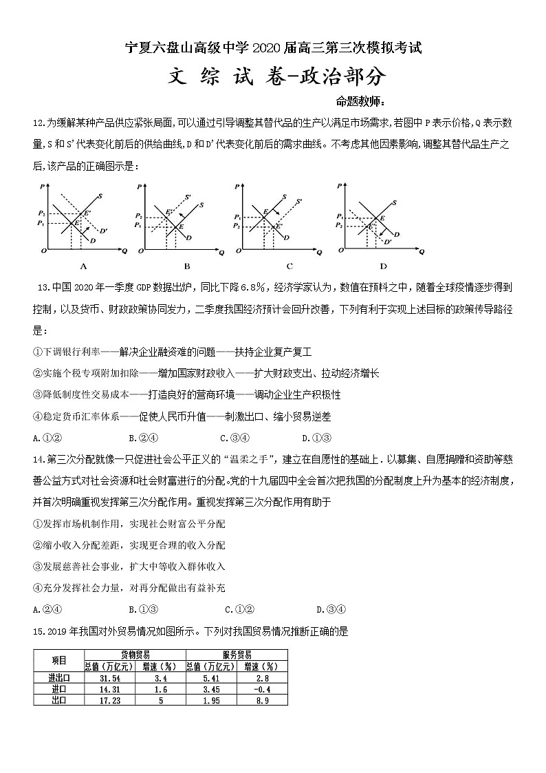 2020宁夏六盘山高级中学高三第三次模拟考试文综-政治试题含答案第1页