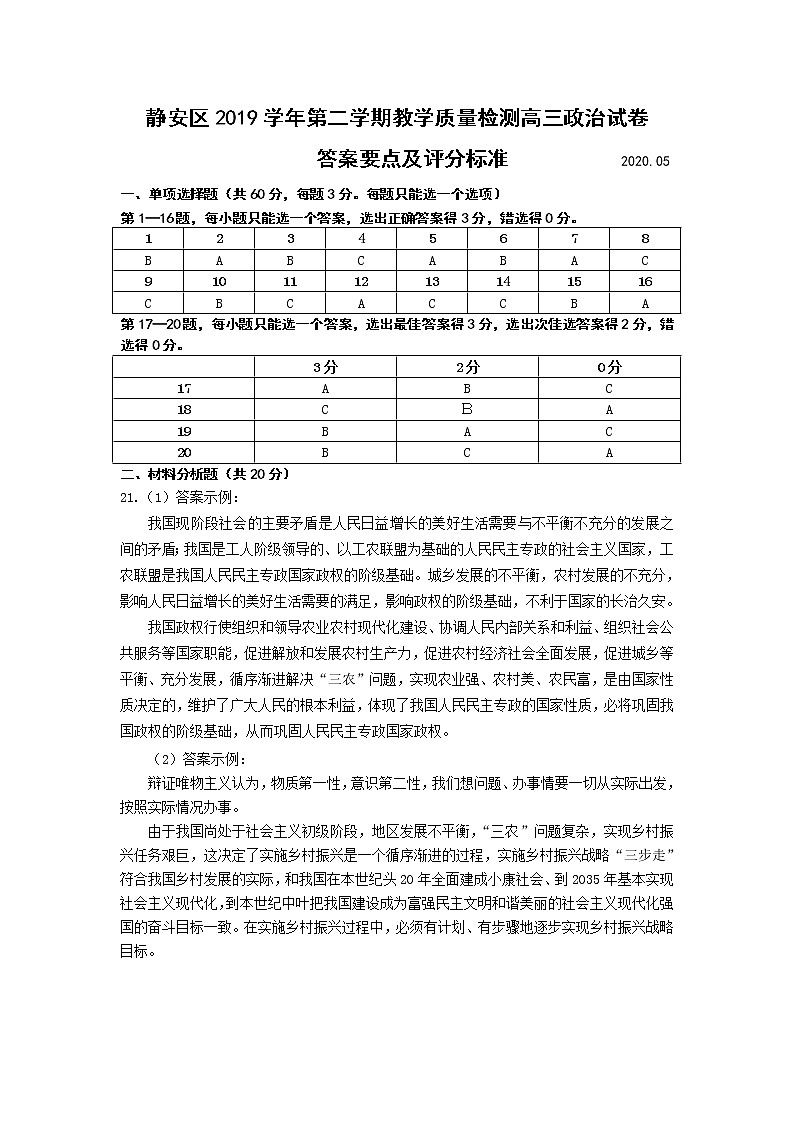 静安区2019学年第二学期教学质量检测高三政治答案要点及评分标准第1页