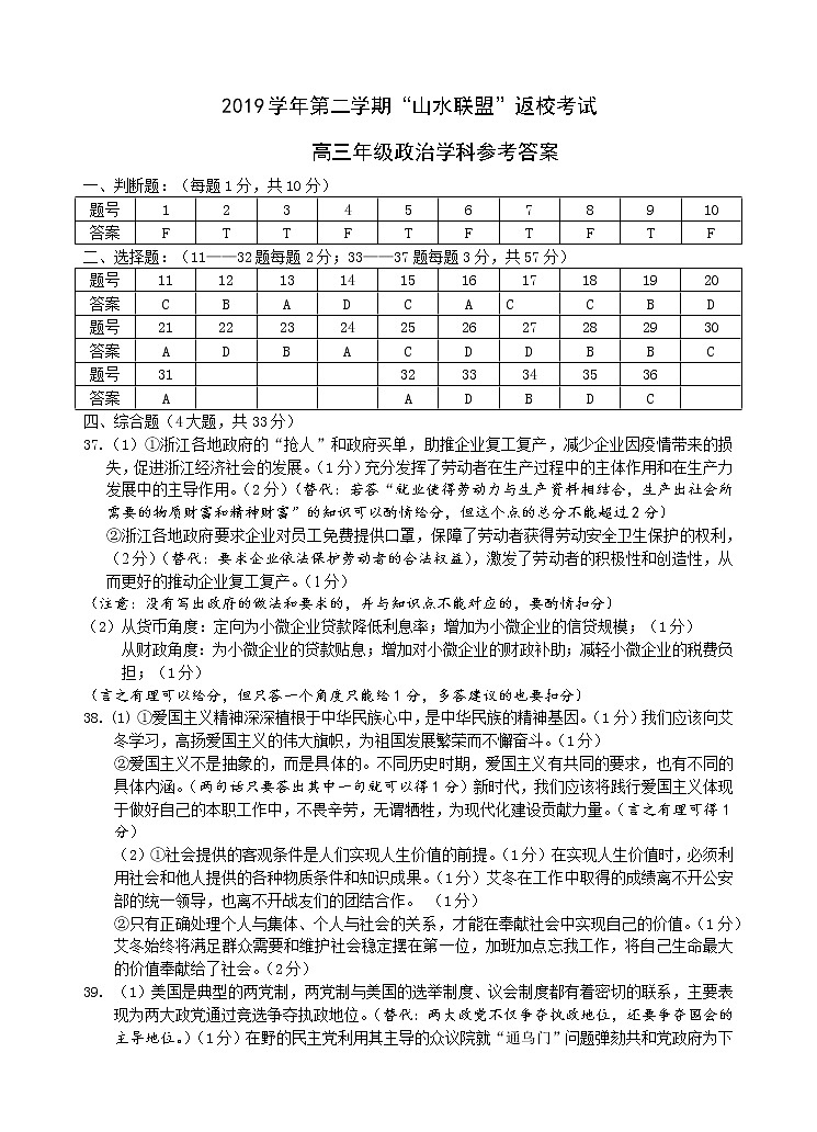 山水联盟（高三政治）参考答案第1页
