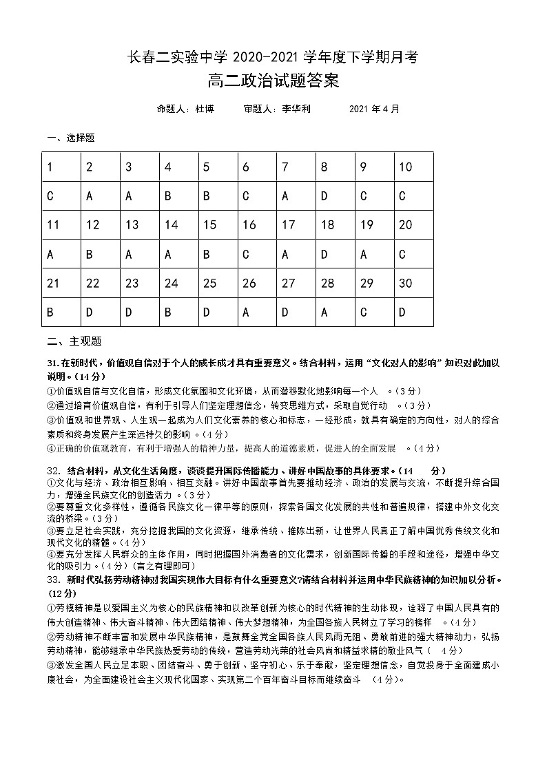 2020-2021学年度下学期月考高二政治答案第1页
