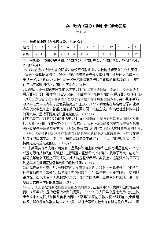 2021扬州中学高二下学期期中考试政治含答案01