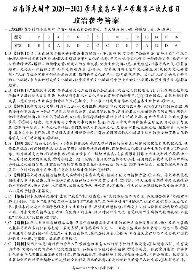 湖南师范大学附属中学2020-2021学年高二下学期第二次月考政治答案第1页