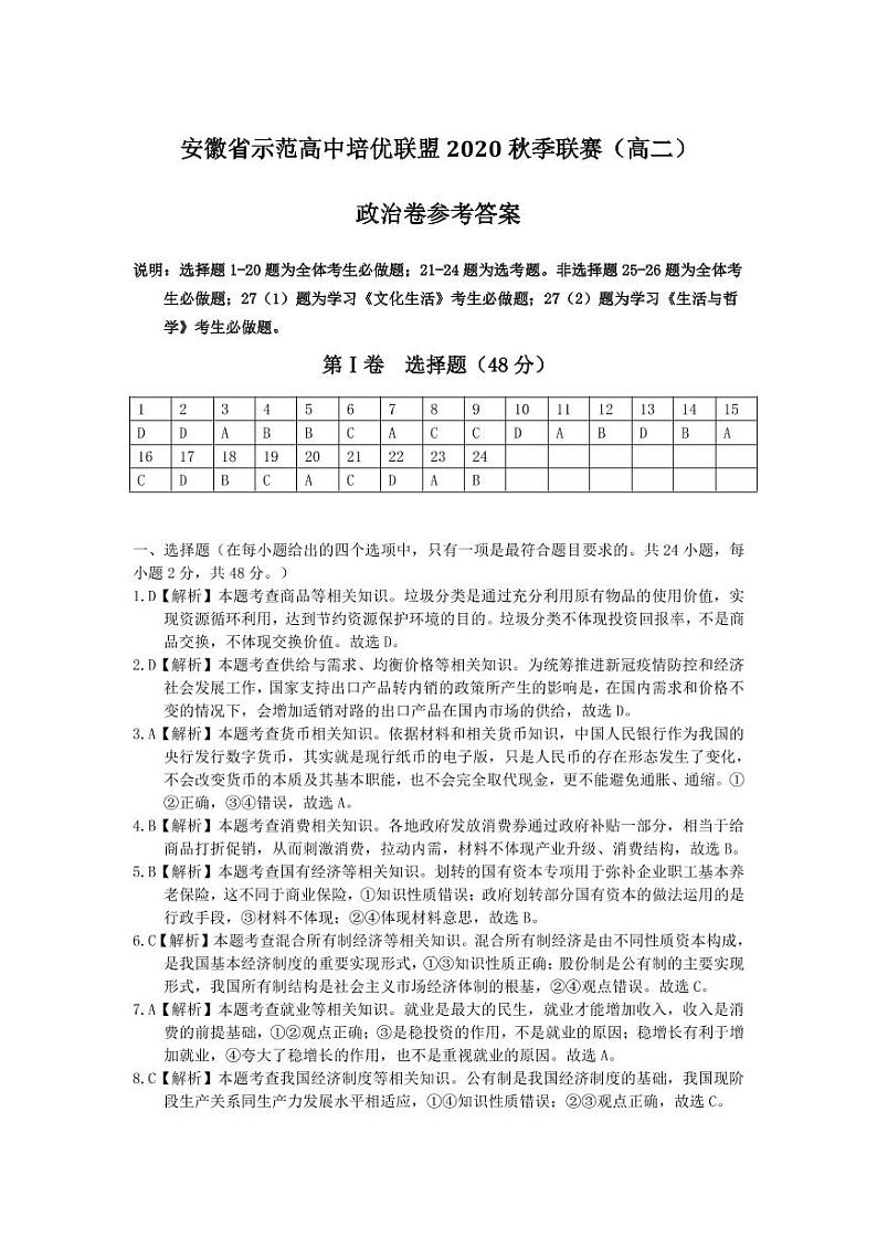 2020安徽省示范高中培优联盟秋季高二联赛试题政治PDF版含答案（可编辑）01