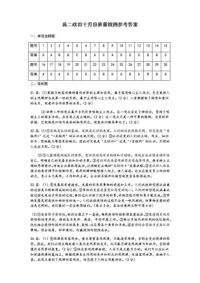 高二政治十月份质量检测参考答案第1页