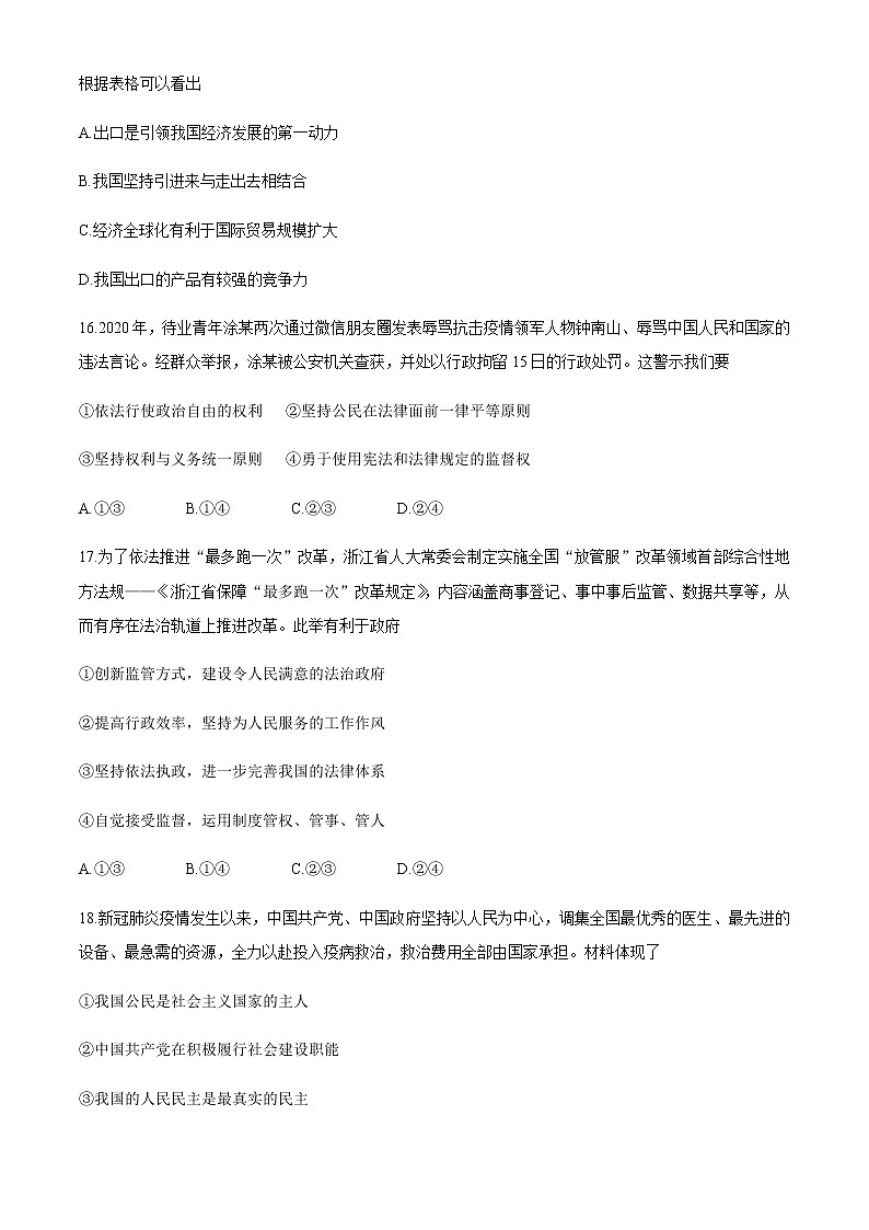 2020丽水高二下学期期末政治试题含答案03