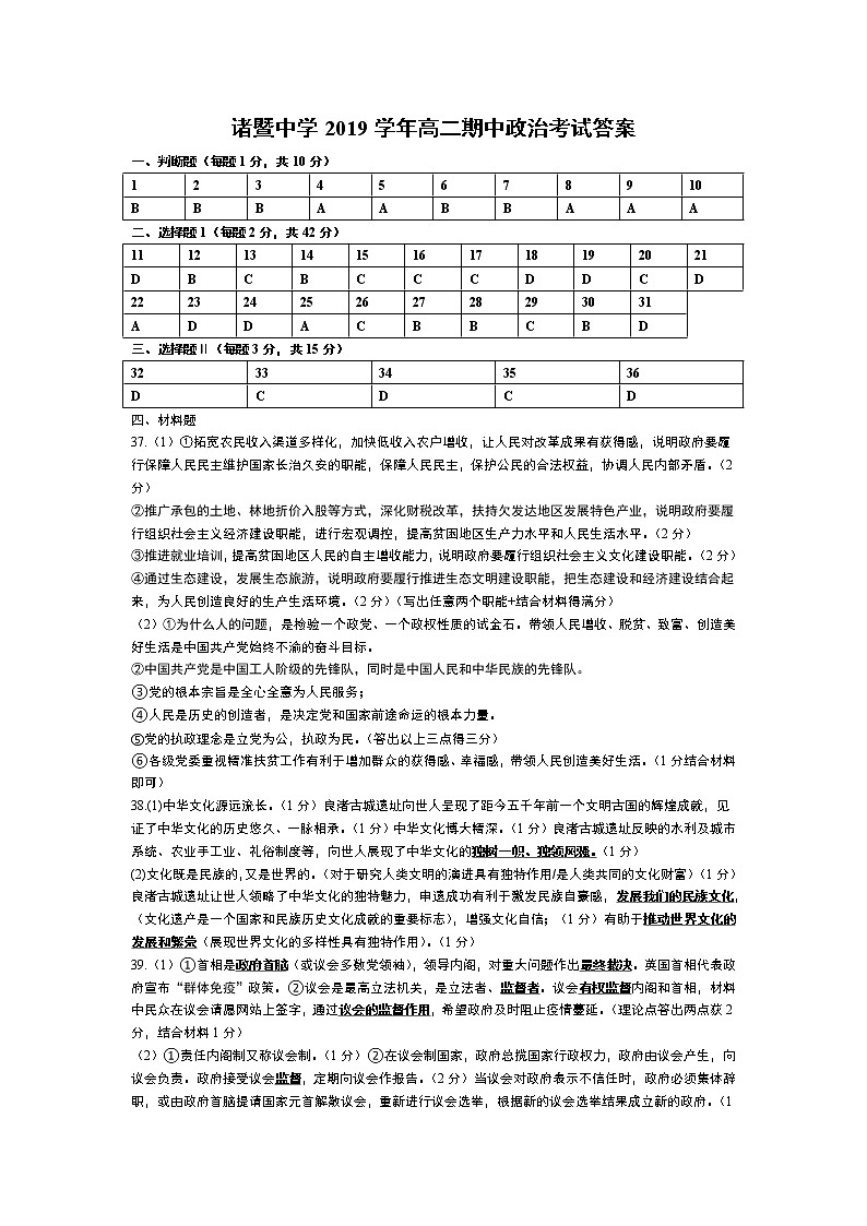 2020浙江省诸暨中学高二下学期期中考试政治含答案01