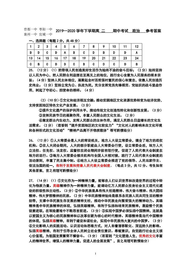 2020襄阳宜城一中等四校高二下学期期中联考政治试题PDF版含答案01