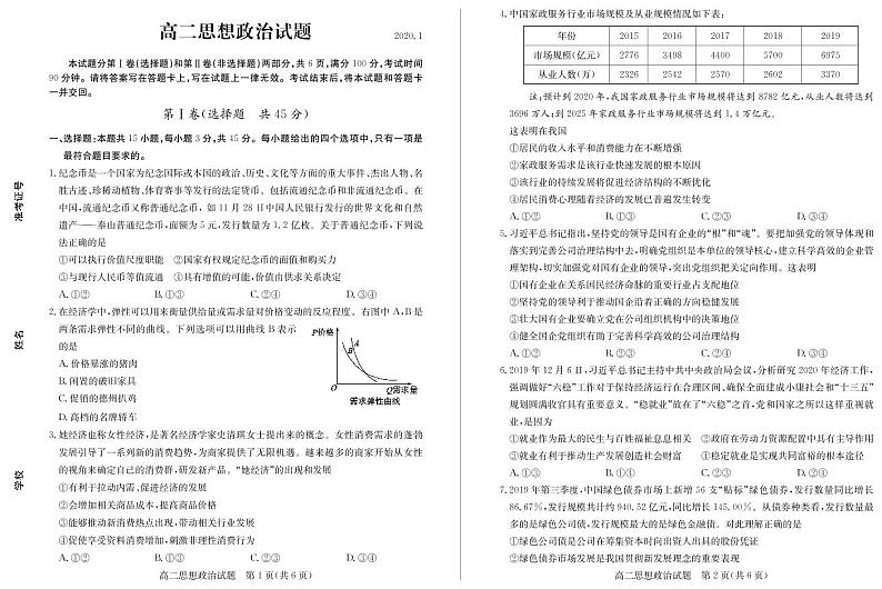 2020德州高二上学期期末考试政治试题PDF版含答案第1页