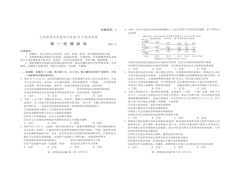 2021山东省新高考质量测评联盟高一上学期12月联考政治试卷图片版含答案第1页