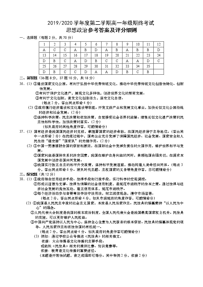 2020盐城高一下学期期末考试政治试题图片版含答案01