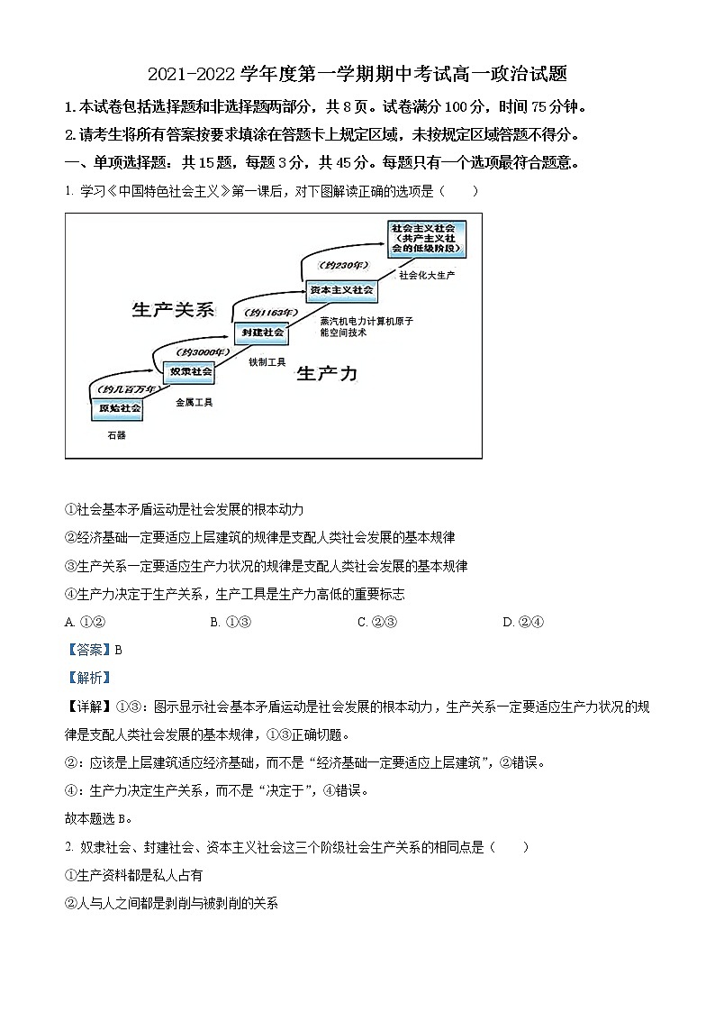 2022连云港东海县高一上学期期中考试政治试题含答案01