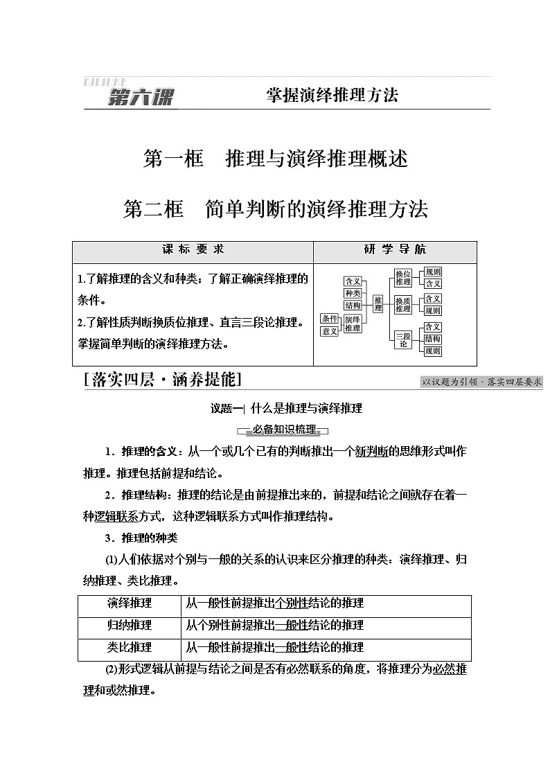 人教统编版高中政治选择性必修3第2单元第6课第1框推理与演绎推理概述第2框简单判断的演绎推理方法课件+学案+练习含答案01