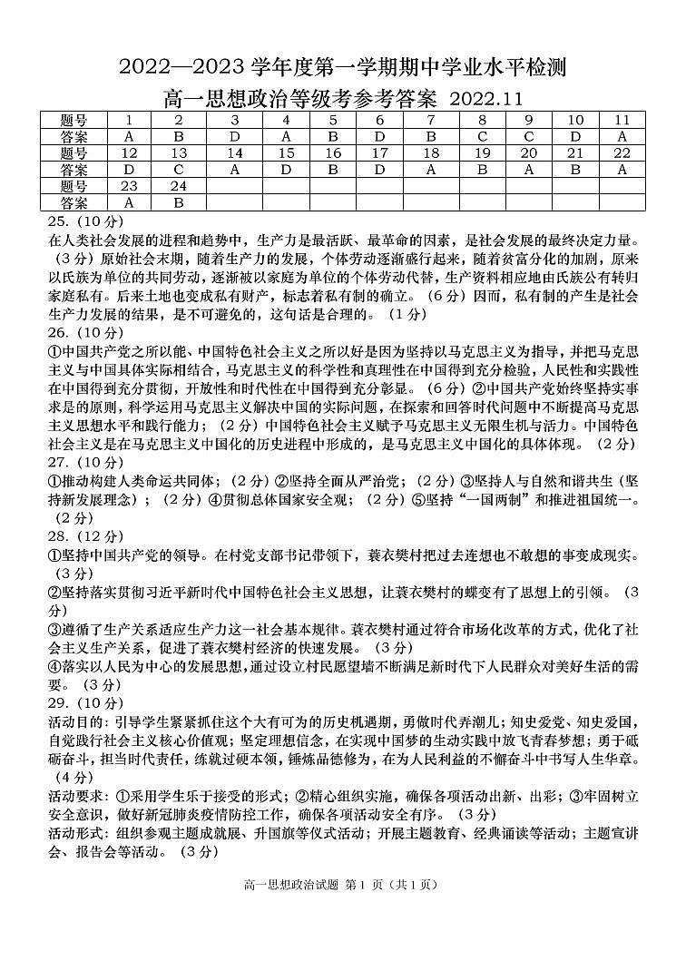 2023青岛四区县高一上学期期中考试政治试题图片版含答案01