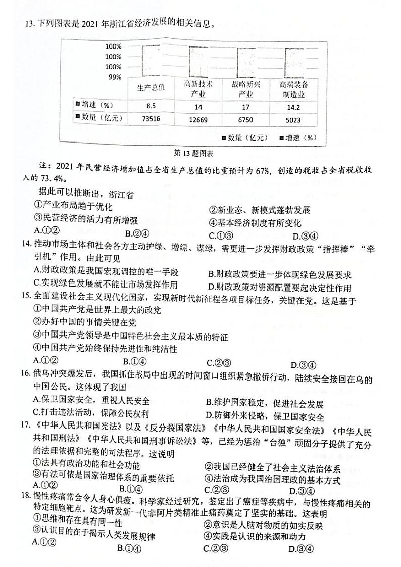 浙江省七彩阳光新高考研究联盟2022-2023学年高三上学期返校联考政治试卷含答案02