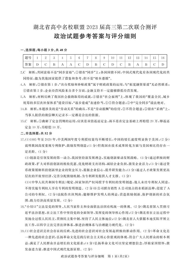 2023湖北名校联盟第二次测评 政治答案第1页