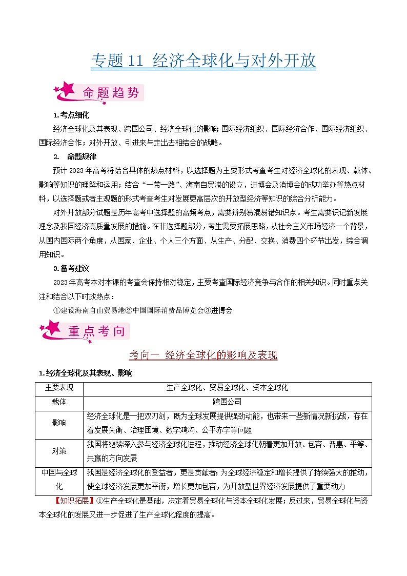 【备战2023高考】政治考点全复习——考点11《经济全球化与对外开放》考点细究（人教版） 试卷01