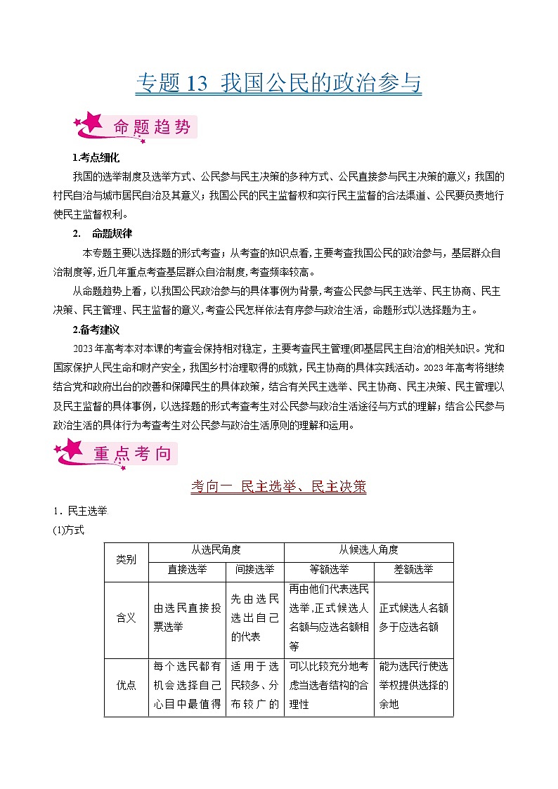 【备战2023高考】政治考点全复习——考点13《我国公民的政治参与》考点细究（人教版） 试卷01