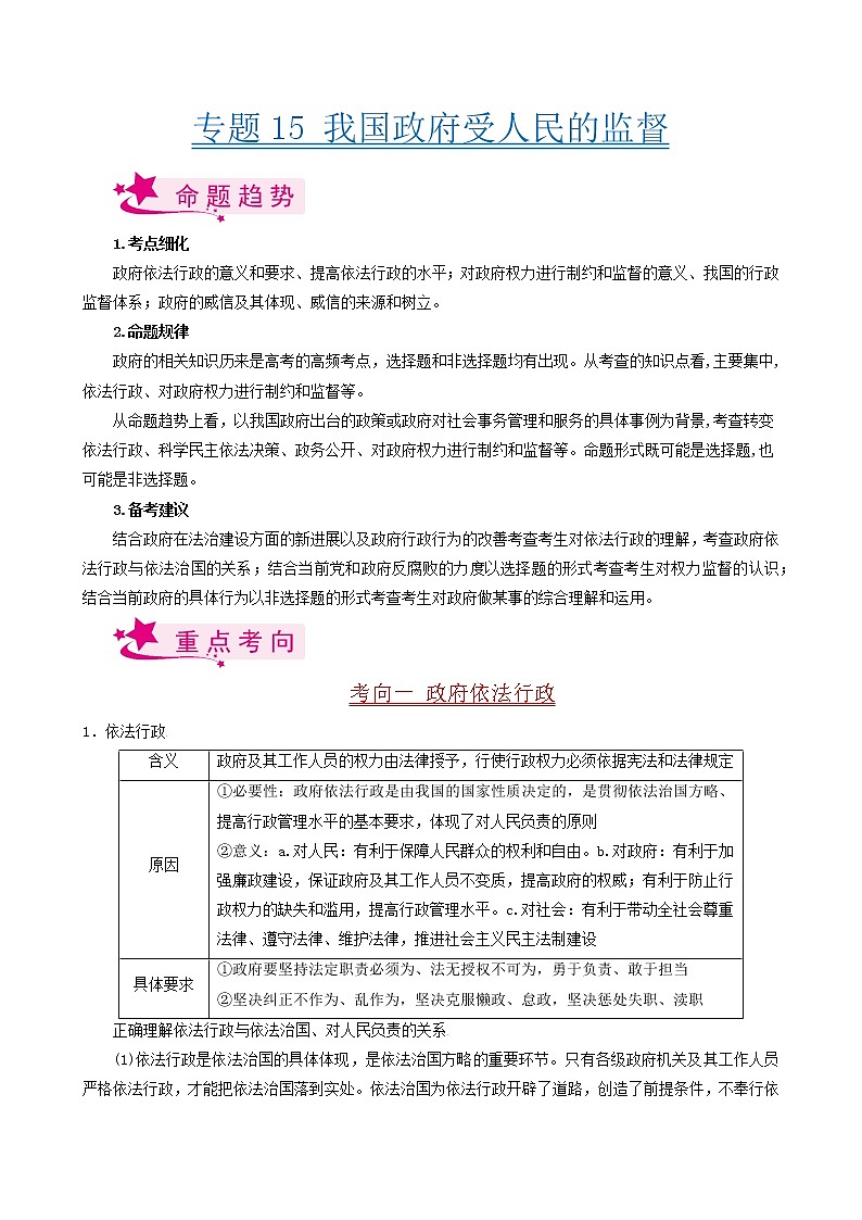 【备战2023高考】政治考点全复习——考点15《我国政府受人民的监督》考点细究（人教版） 试卷01