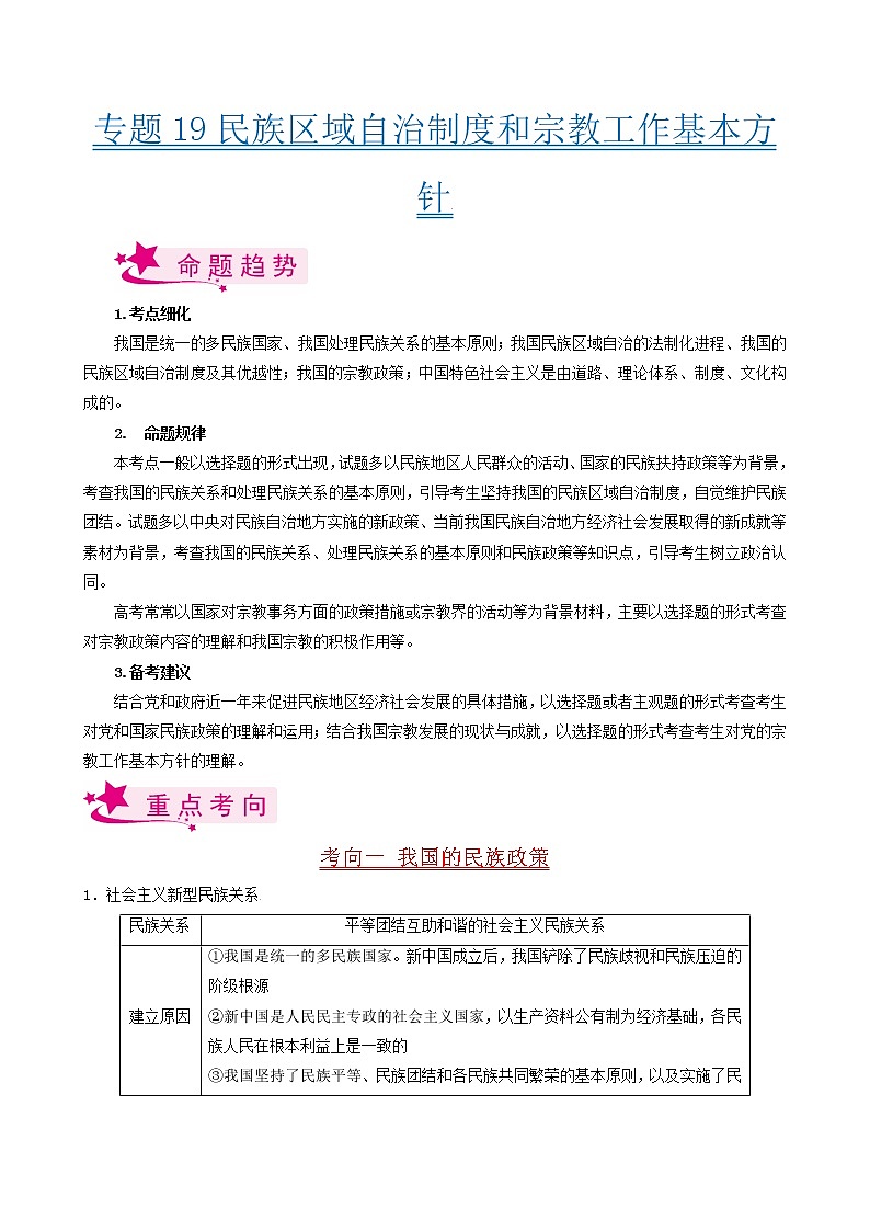 【备战2023高考】政治考点全复习——考点19《民族区域自治制度和宗教工作基本方针》考点细究（人教版） 试卷01