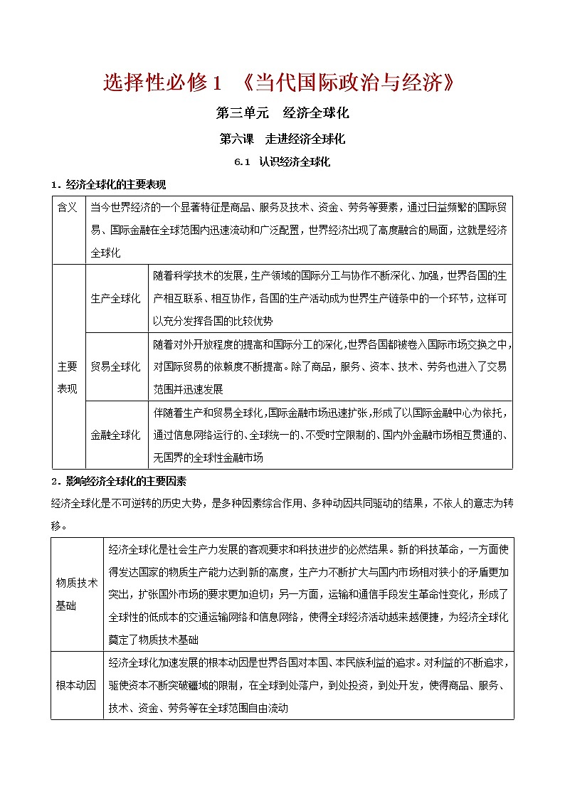 第六课 走进经济全球化（单元知识点）01