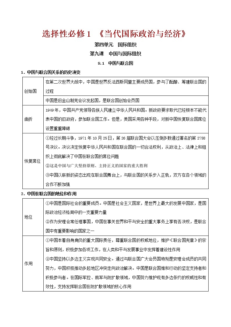 第九课 中国与国际组织（单元知识点）第1页