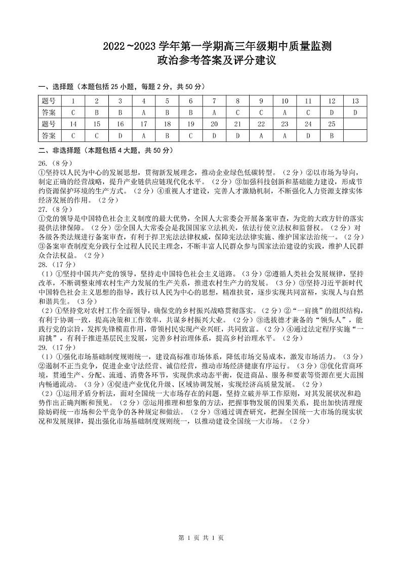 山西省太原市2022-2023学年高三上学期期中 政治试卷及答案（含答题卡）01