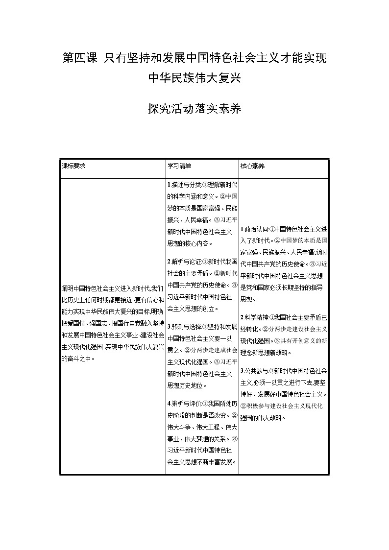 新高中政治高考第四课 只有坚持和发展中国特色社会主义才能实现中华民族伟大复兴 学案01