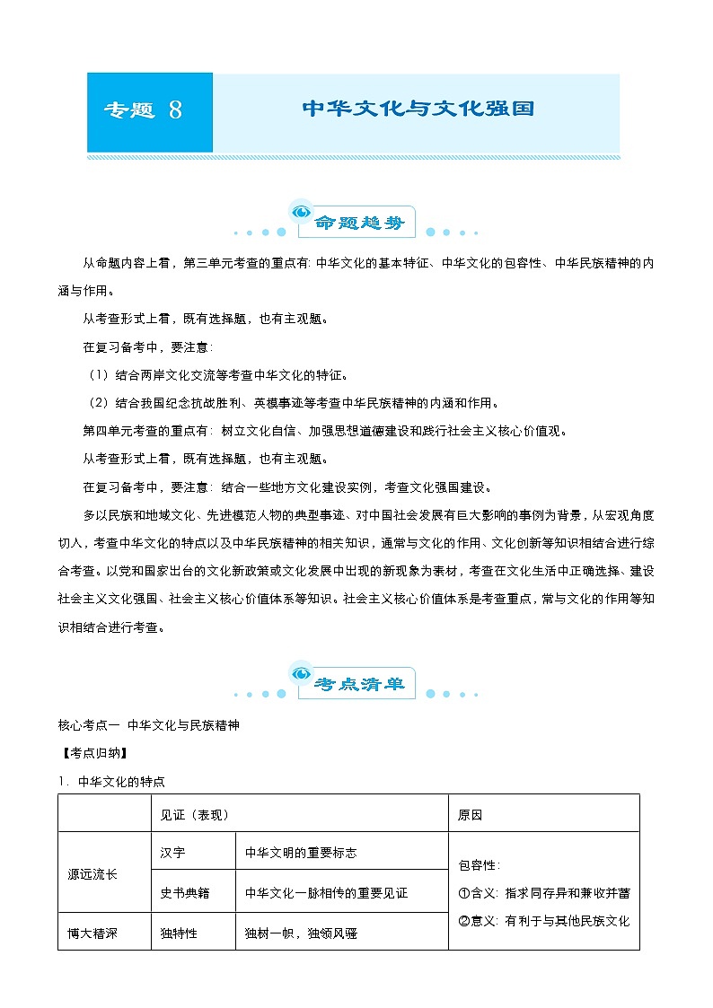 新高中政治高考 2021届高考二轮精品专题八 中华文化与文化强国 教师版第1页