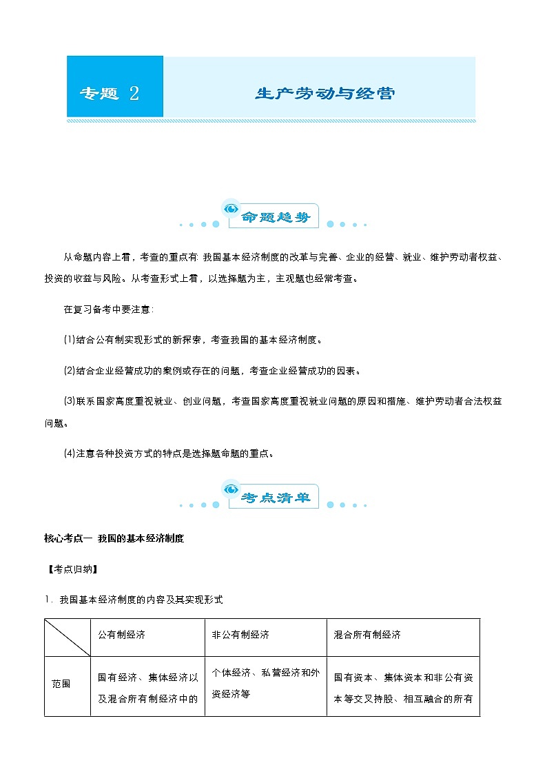 新高中政治高考 2021届高考二轮精品专题二 生产劳动与经营 学生版第1页
