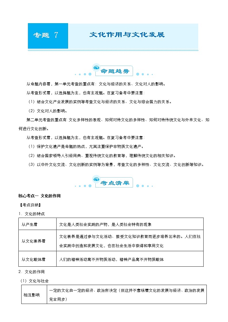 新高中政治高考 2021届高考二轮精品专题七 文化作用与文化发展 学生版第1页