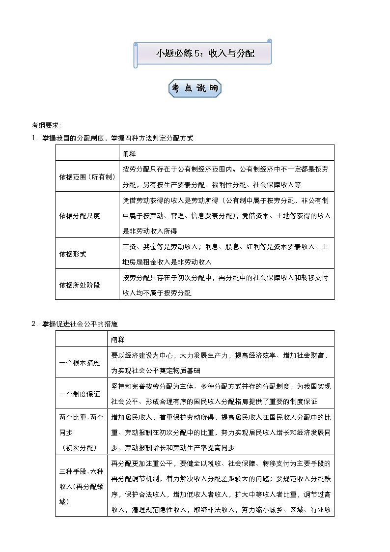 新高中政治高考 2021届小题必练5 收入与分配 教师版第1页