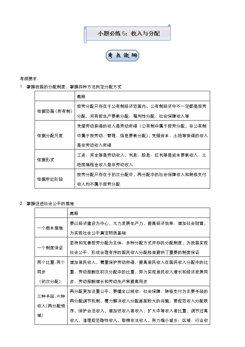 新高中政治高考 2021届小题必练5 收入与分配 学生版第1页